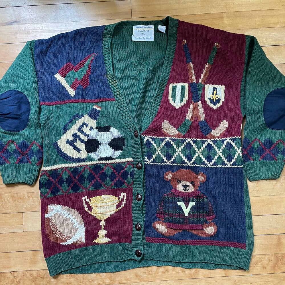 Vintage Hand Knit Golf Cardigan Sweater XL Novelty Preppy Grandpa